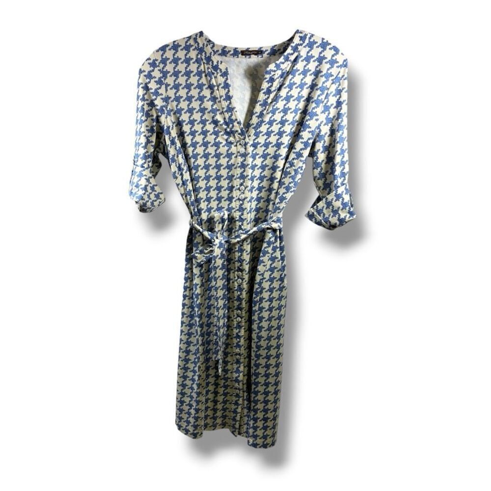 J McLaughlin Samantha Shirtdress in Blue and Cream Houndstooth Size M